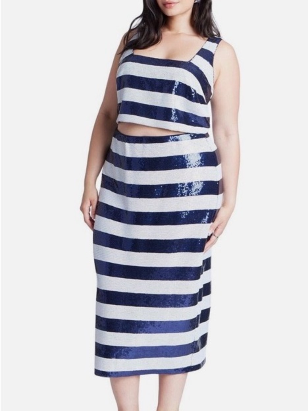 Eloquii Navy and White Striped Sequin Midi Skirt